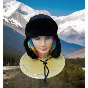 Black Ski Trapper Nylon Faux Fur Hat w/ Ear Flaps One Size Fits Most